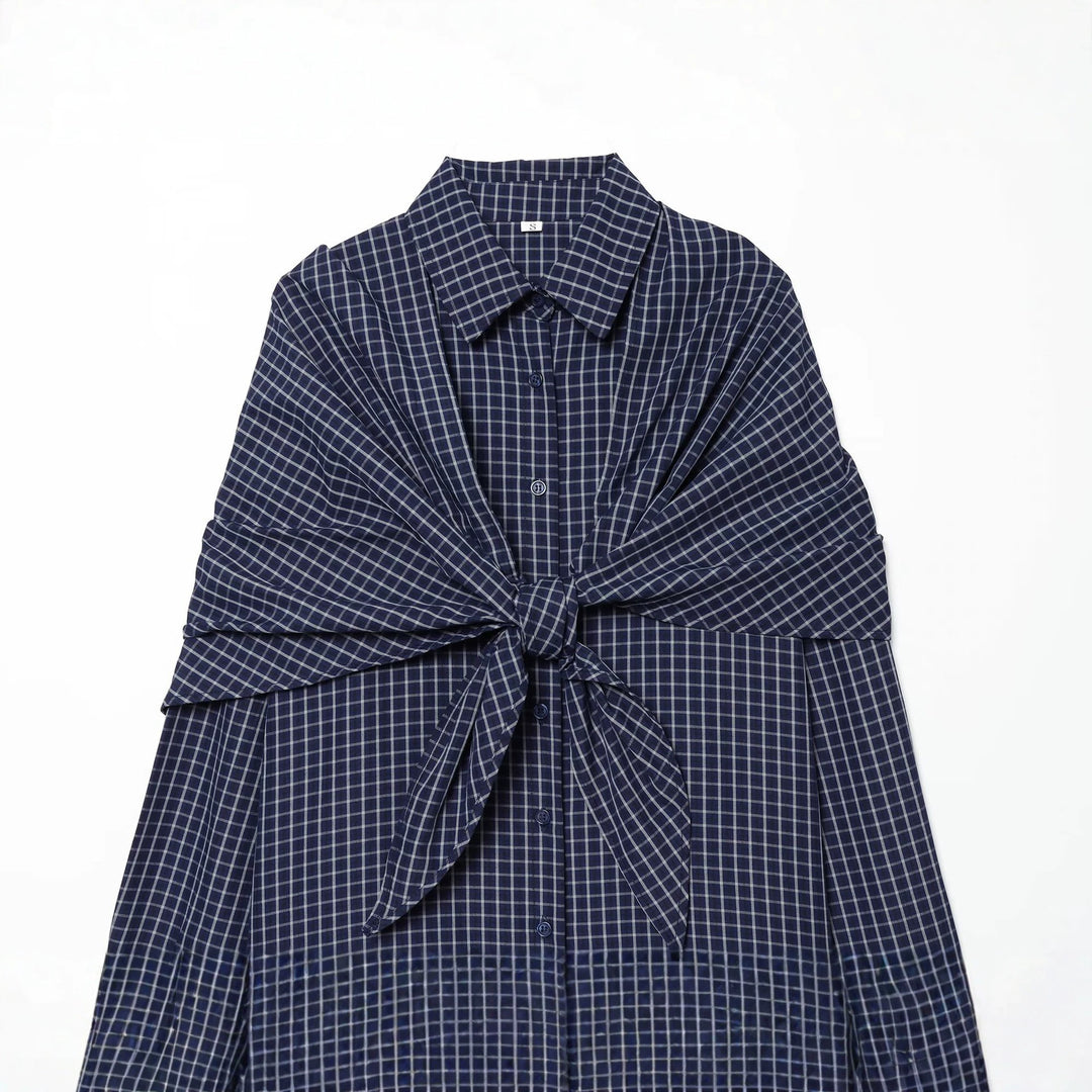 Ladies Checked Oversized Shirt with Large Knot Detail and Wide Shoulder Cape Mune Fashion
