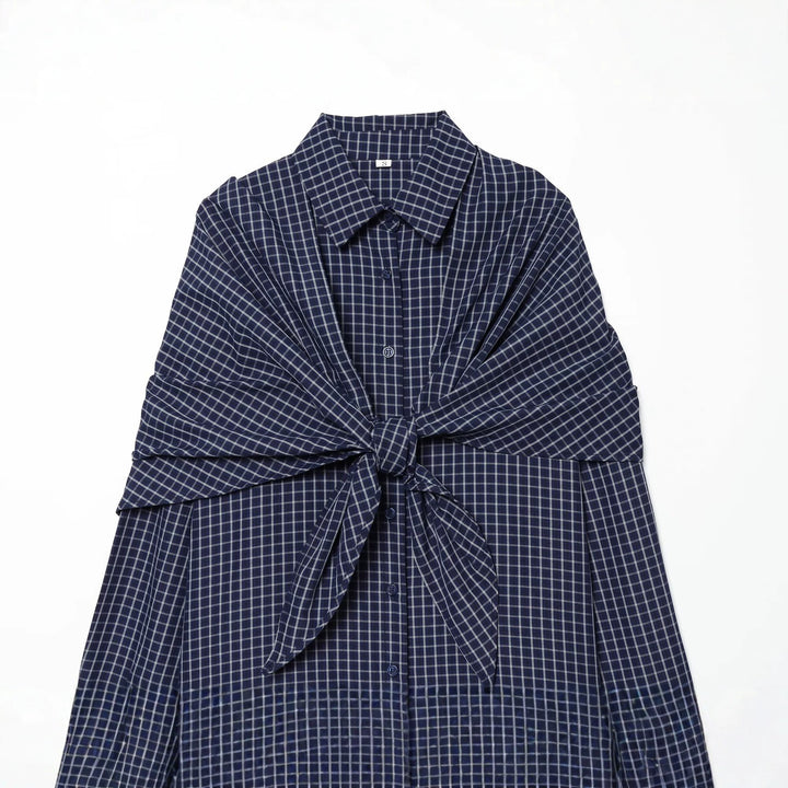 Ladies Checked Oversized Shirt with Large Knot Detail and Wide Shoulder Cape Mune Fashion