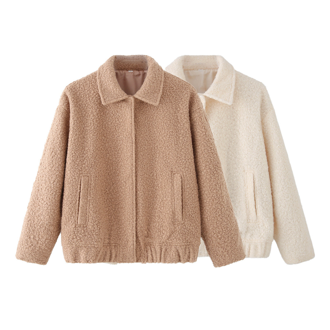 Women's Short Boucle Teddy Jacket with Shirt Collar, Welt Pockets and Elastic Hem Mune Fashion