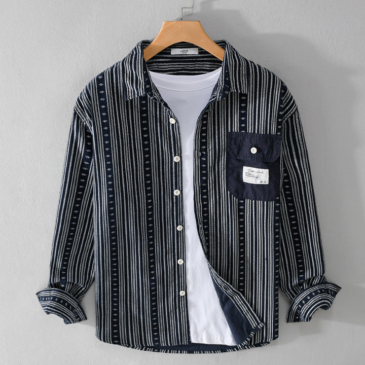 Men's Loose Ethno Stripe Shirt in Cotton Blend with Contrasting Breast Pocket Mune Fashion