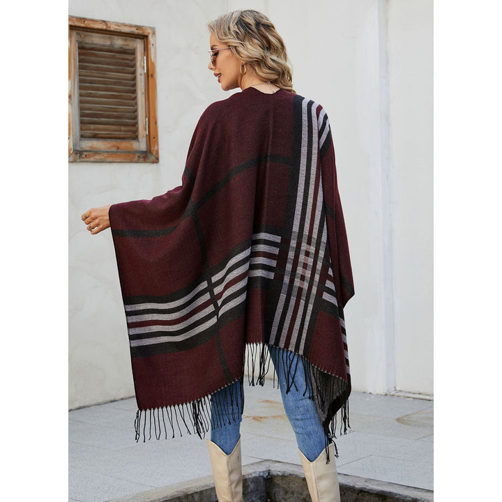 Women Kastiger Ruana Wrap with Fringes and Diagonal Stripe Jacquard Mune Fashion