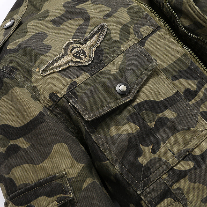 Men's camouflage field jacket made of durable canvas with epaulettes, multiple pockets and stand-up collar Mune Fashion