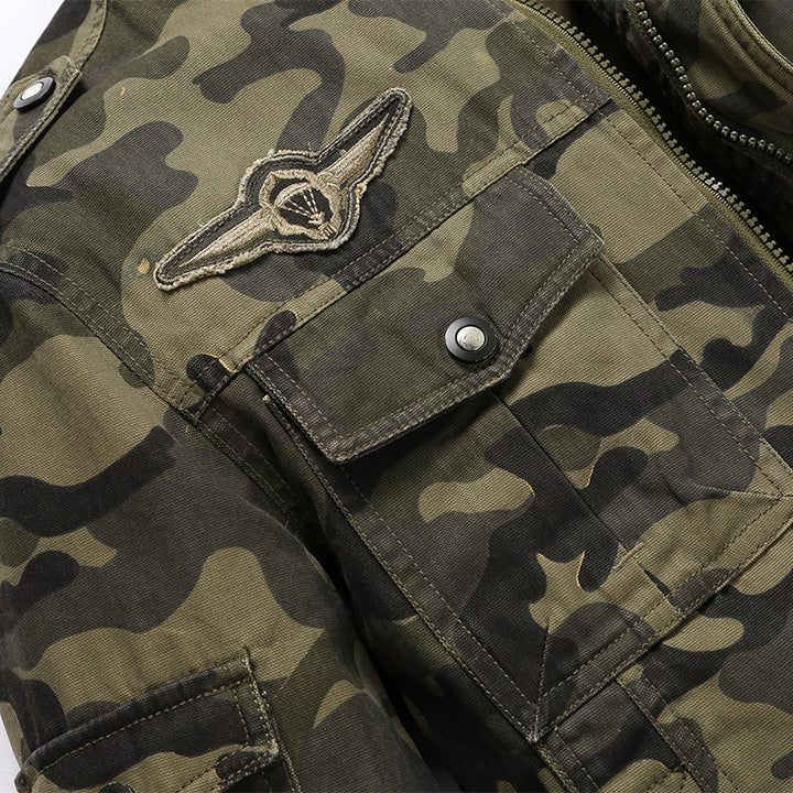 Men's camouflage field jacket made of durable canvas with epaulettes, multiple pockets and stand-up collar Mune Fashion