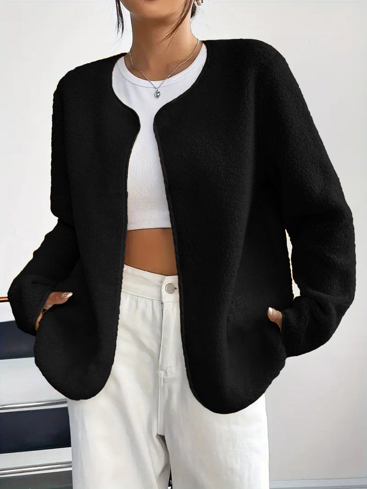 Women's Short Jacket Teddy Fleece Cardigan without Closure with Round Neck Drune