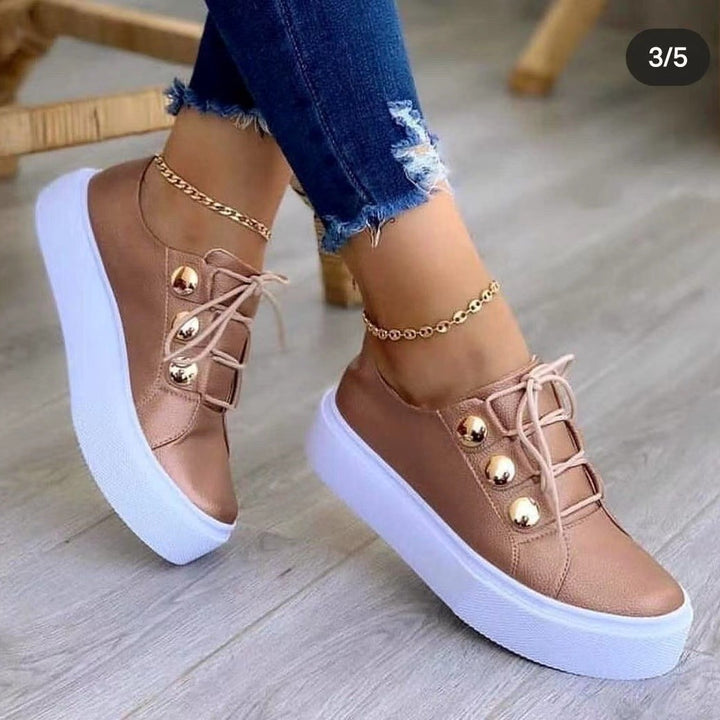 Women's Platform Sneakers with Decorative Metal Buttons and Thick Comfort Sole Mune Fashion