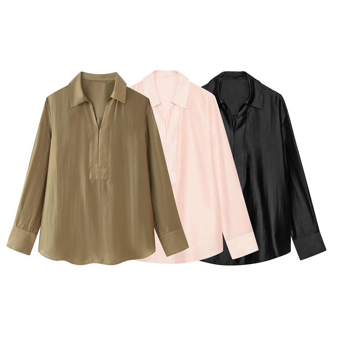Women Loose-Fitting Tunic Shirt Blouse with Half-Open V-Neck and Wide Cuffs Mune Fashion