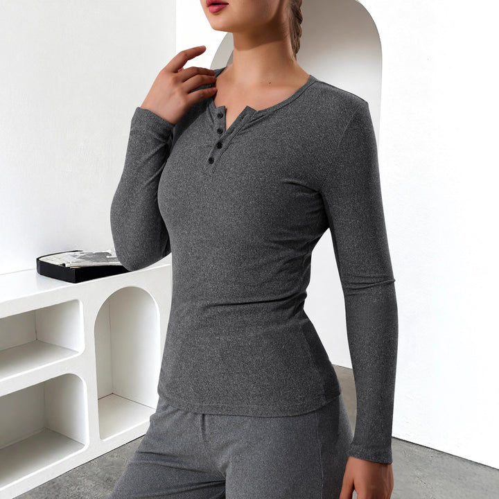 Women's Ribbed Henley Long Sleeve Shirt with Button Placket and Fitted Cut Mune Fashion