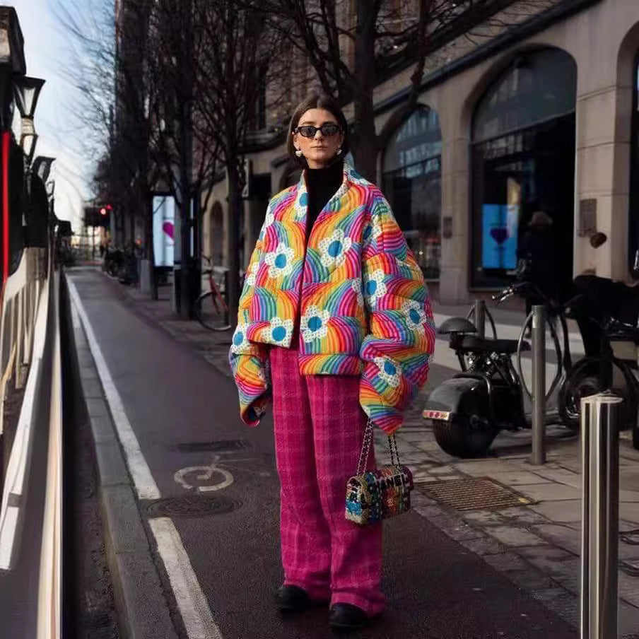 Women Short Oversized Padded Jacket with Colorful Rainbow Stripes and Flower Application Mune Fashion