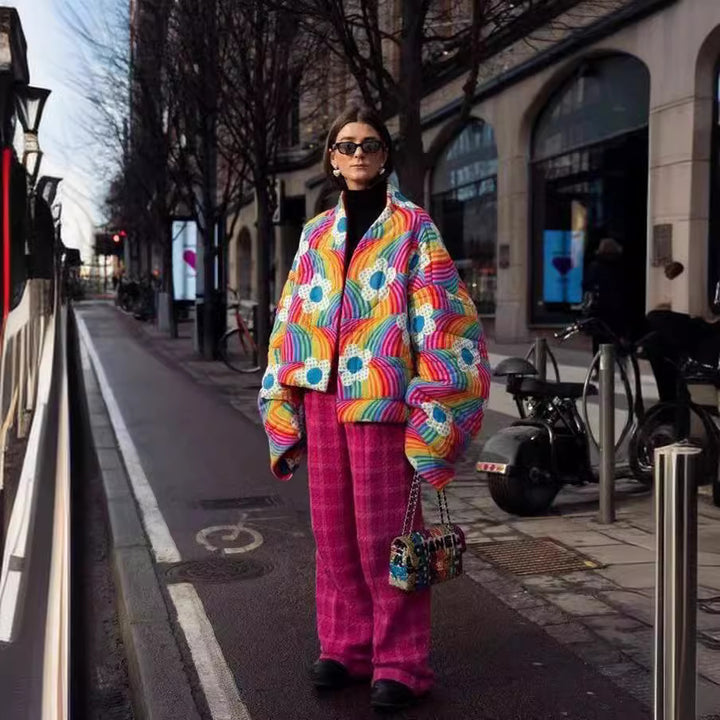 Women Short Oversized Padded Jacket with Colorful Rainbow Stripes and Flower Application Mune Fashion