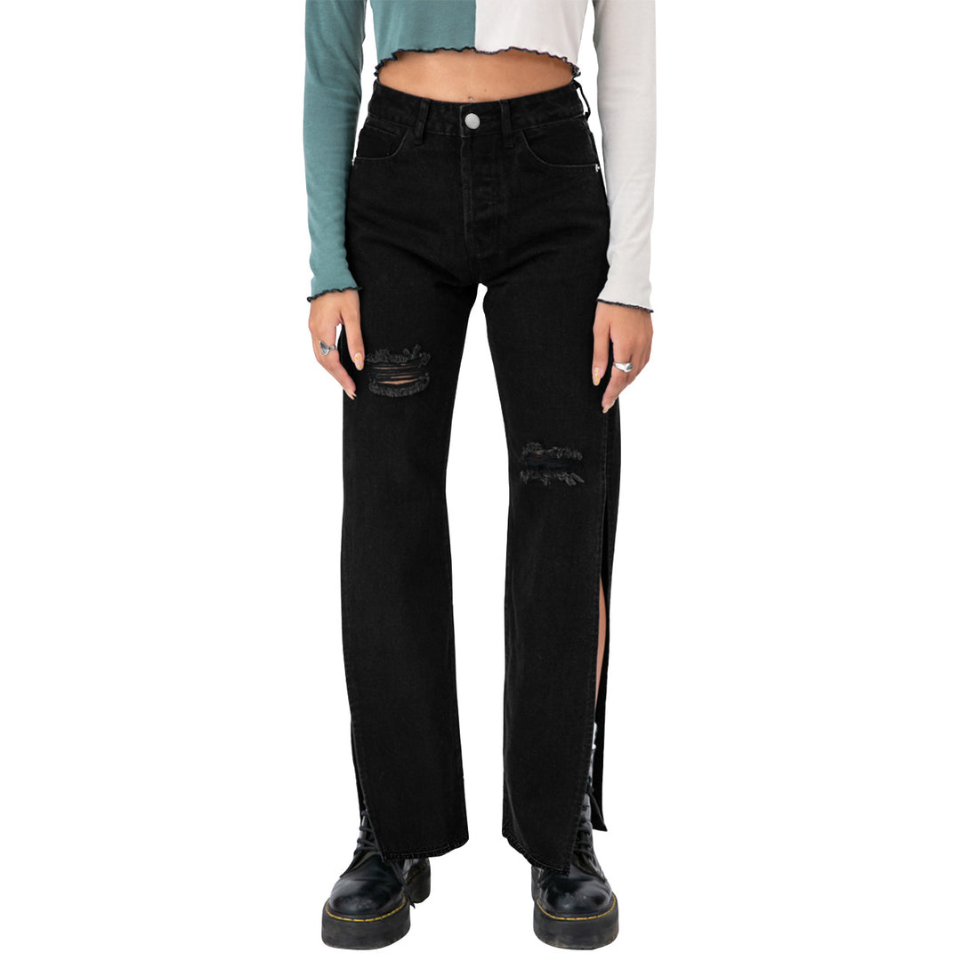 Ladies high-cut straight jeans with side leg slit and subtle rips Mune Fashion
