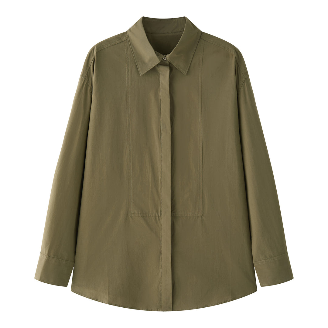Women's Loose Poplin Shirt with Concealed Button Placket and Extended Back Mune Fashion