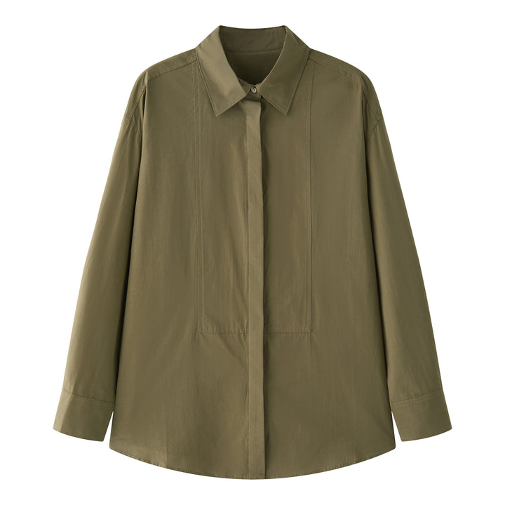 Women's Loose Poplin Shirt with Concealed Button Placket and Extended Back Mune Fashion