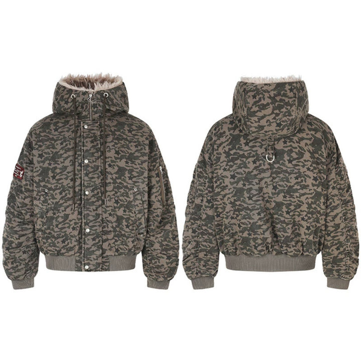 Women's quilted bomber jacket with faux fur hood, drawstring, and utility pockets Mune Fashion