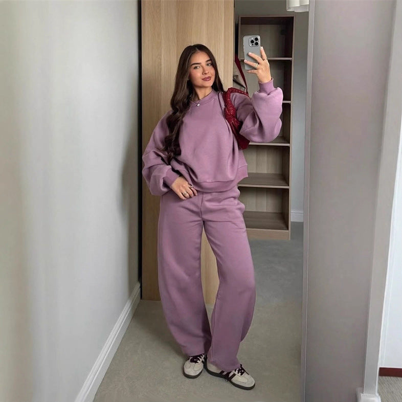Women's Cropped Sweatshirt with High Round Neck and Elastic Drawstring Wide-Leg Jogging Pants Set Mune Fashion