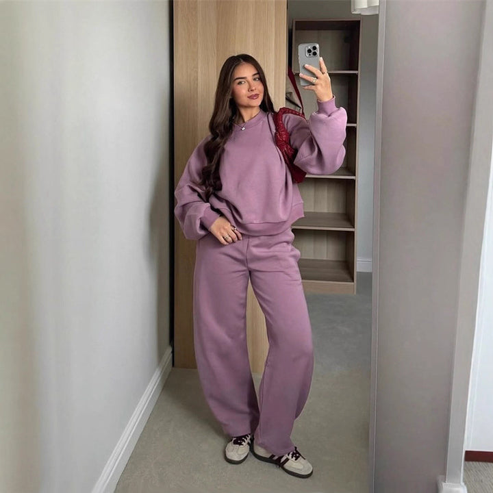 Women's Cropped Sweatshirt with High Round Neck and Elastic Drawstring Wide-Leg Jogging Pants Set Mune Fashion