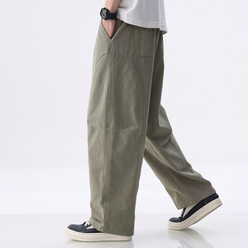Men's Loose-Fitting Utility Pants with Wide Legs, Distinctive Decorative Stitching, and Elastic Waistband Mune Fashion