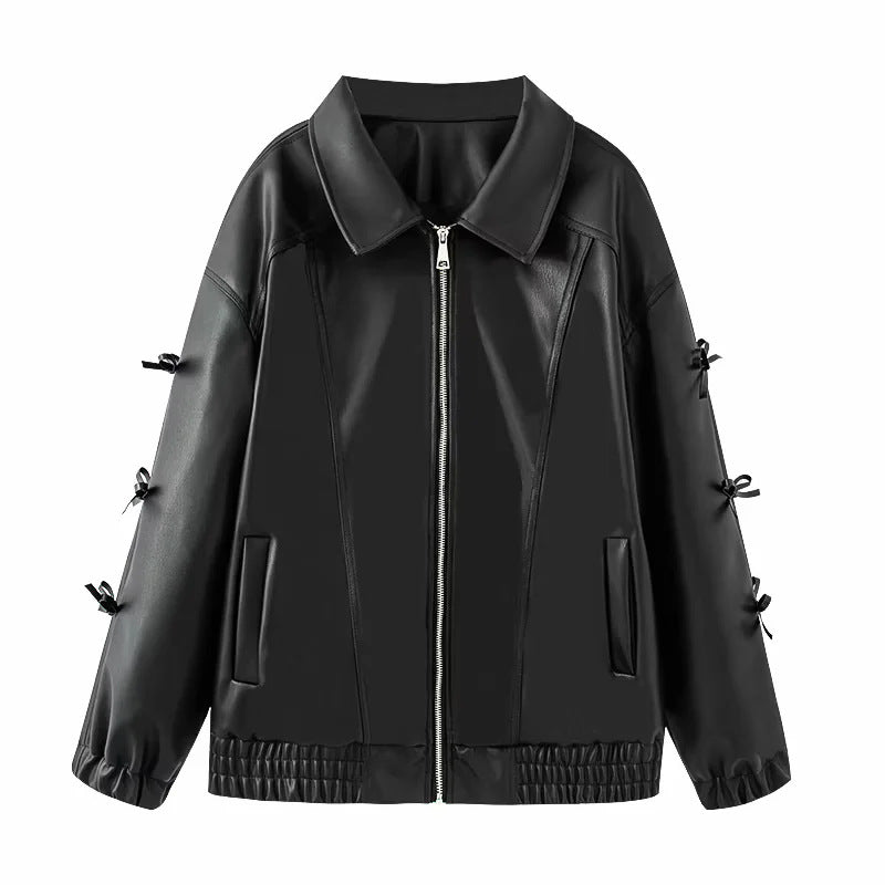 Women's tailored faux leather bomber jacket with zipper, bow sleeve details, and elastic hem Mune Fashion