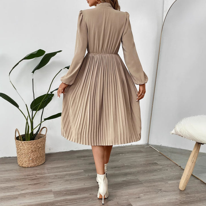 Women Pleated Midi Dress with Tie Collar, Elastic Waistline and Long Balloon Sleeves Mune Fashion