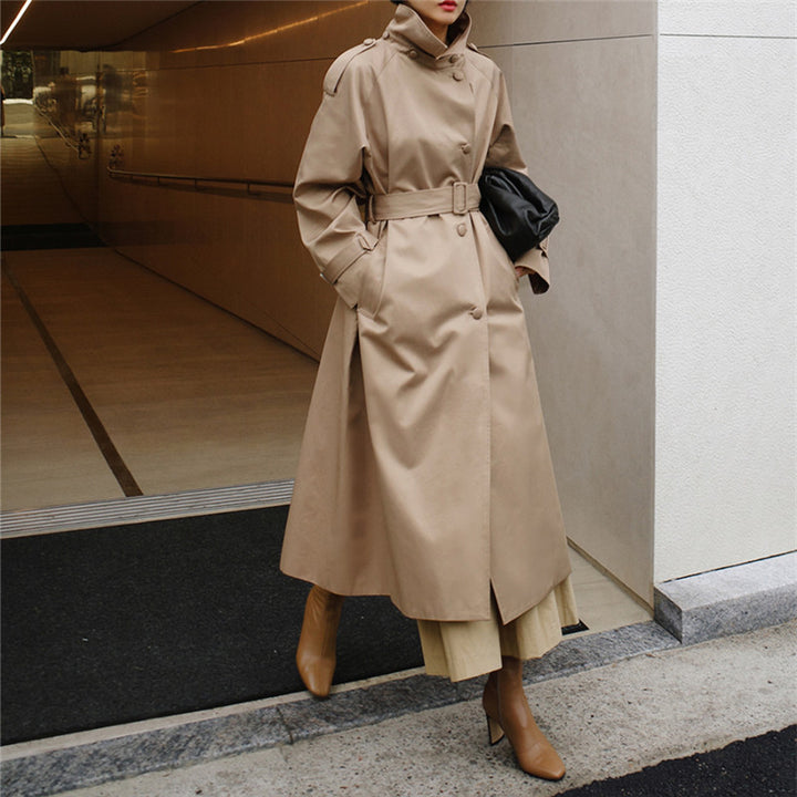 Women's Long Cut Trench Coat with Waist Belt and Stand-Up Collar Mune Fashion
