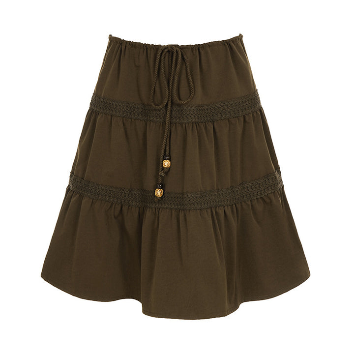 Women’s tiered boho midi skirt with elastic drawstring waistband and crochet band details Mune Fashion