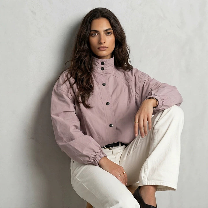 Ladies Short Boxy Bomber Jacket with Stand Collar and Snap Button Closure Mune Fashion