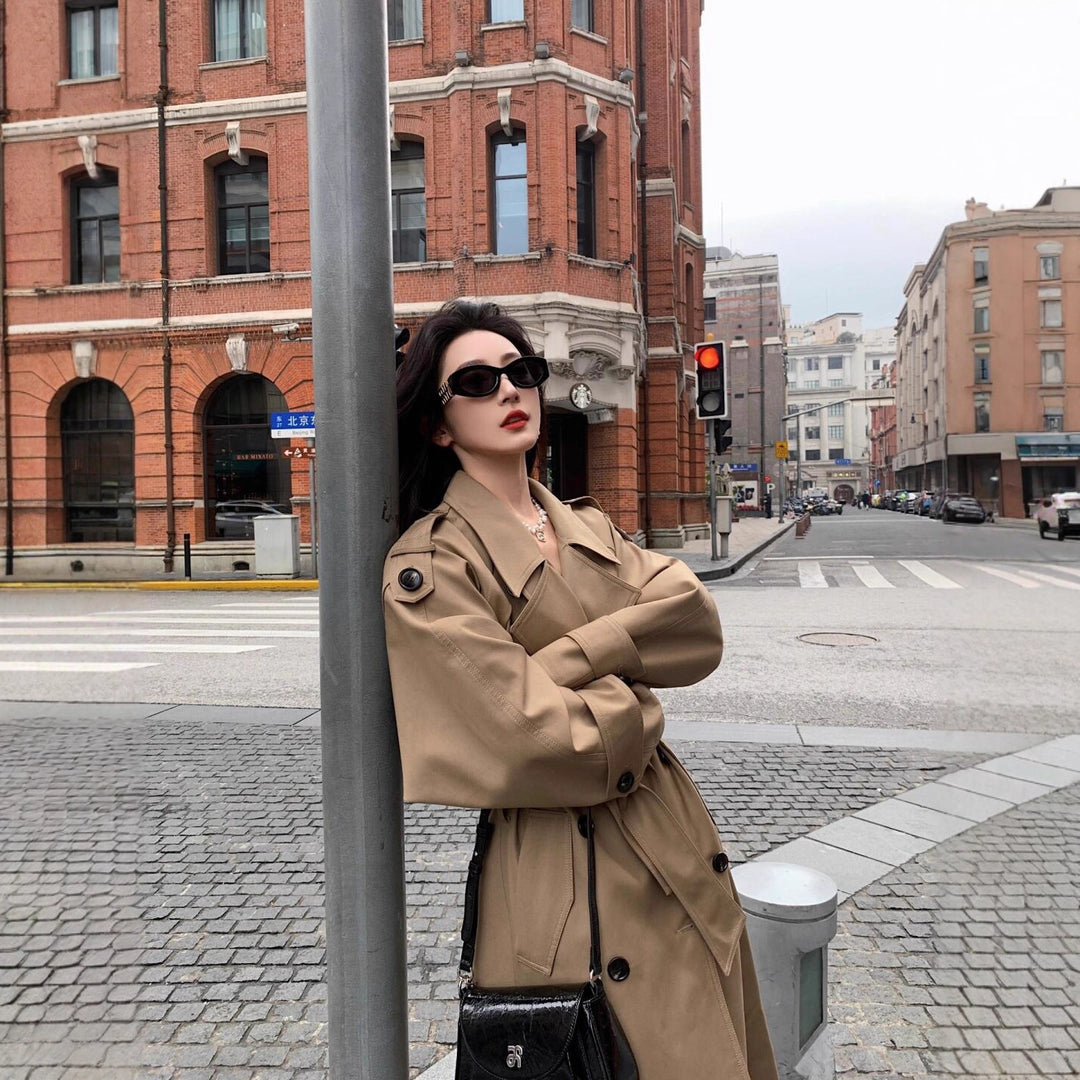 Women's Modern Boxy Trench Coat with Distinctive Shoulder Feature and Waist Belt Mune Fashion