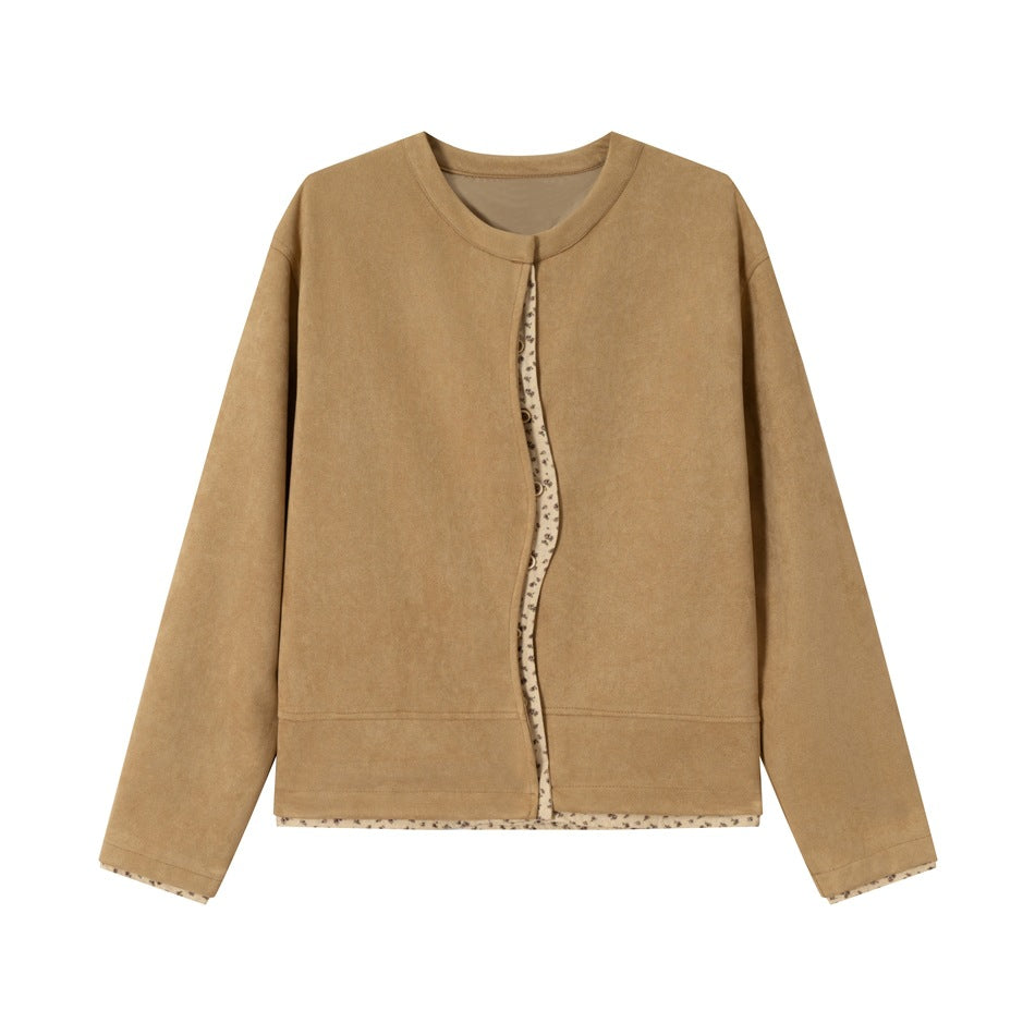 Women's short-cut suede-look blouson jacket with round neck, concealed button placket, and floral inner lining Mune Fashion