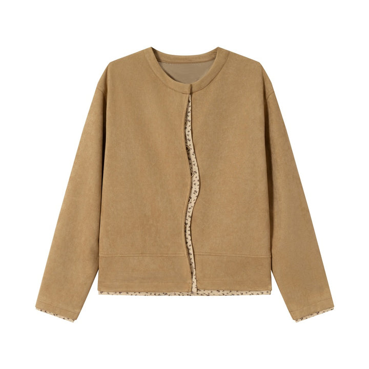 Women's short-cut suede-look blouson jacket with round neck, concealed button placket, and floral inner lining Mune Fashion