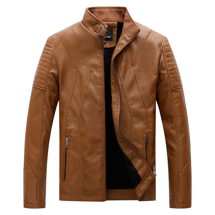 Men's Slim Faux Leather Biker Jacket with Stand Collar, Decorative Stitching and Zipper Pockets Mune Fashion