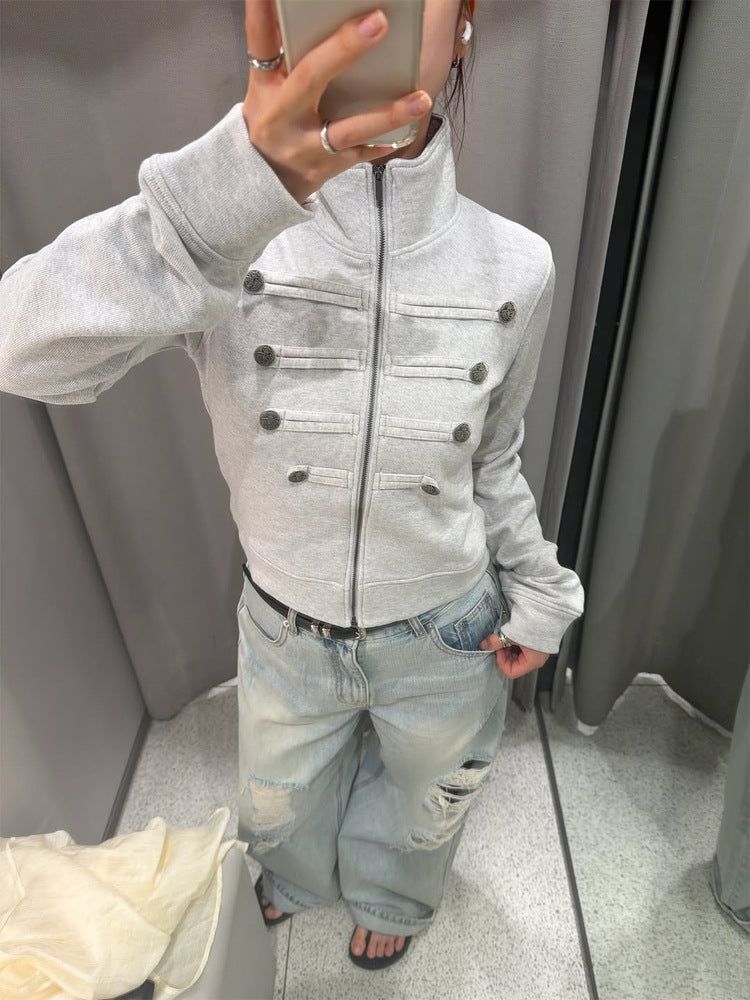 Women Short-Cut Sweat Jacket in Military Look with Stand-Up Collar Mune Fashion
