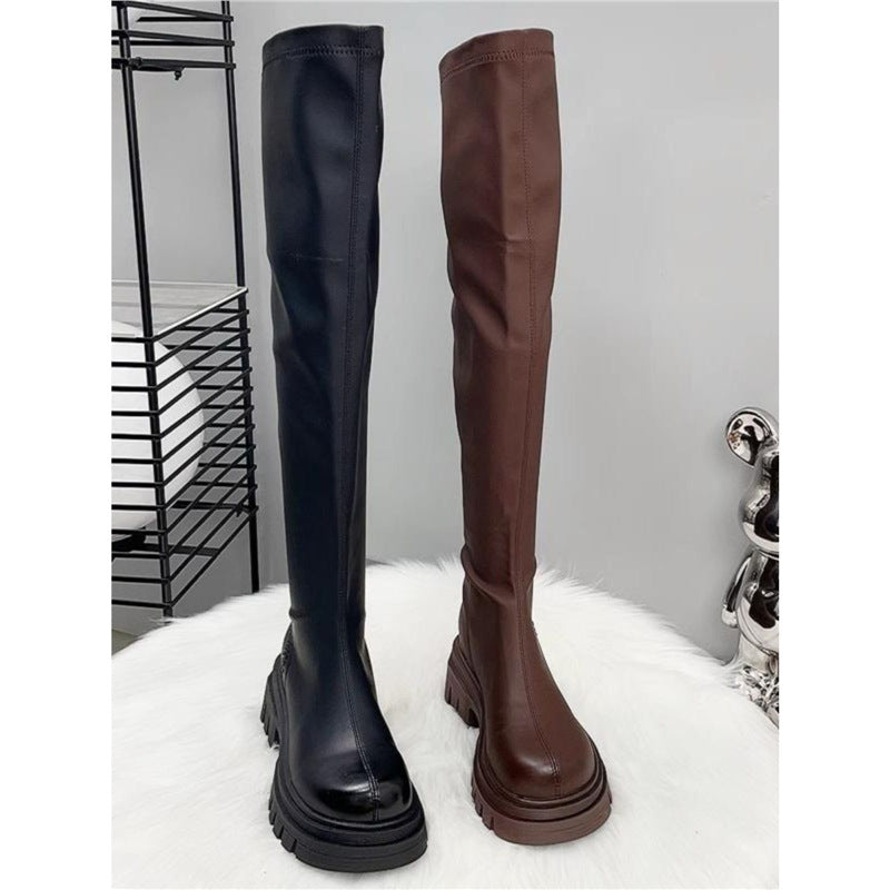 Women's Thigh-High Stretch Boots with Sleek Shaft and Shaped Platform Sole Mune Fashion