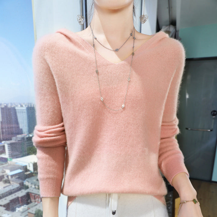 Women Cozy Hooded Sweater in Angora Look with Fine Ribbed Band Mune Fashion