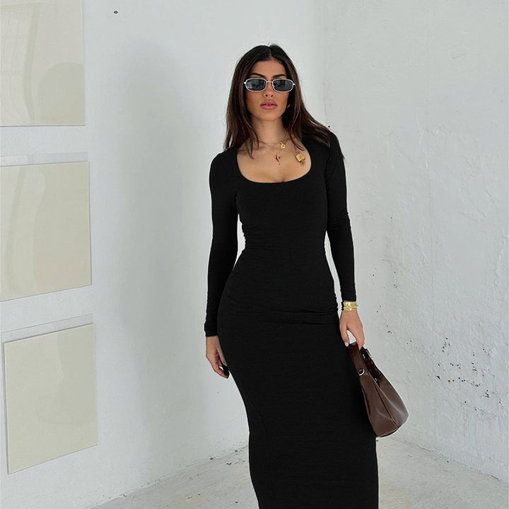 Damen Figurbetontes Stretch-Jerseykleid mit tiefem U-Boot-Ausschnitt und langen Ärmeln Mune Fashion