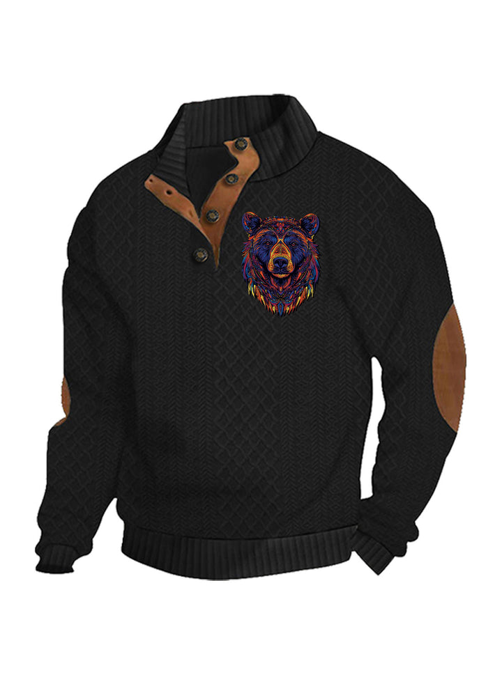 Men's nan Heritage textured pullover with stand-up collar faux leather trim elbow patches and half-button placket Mune Fashion