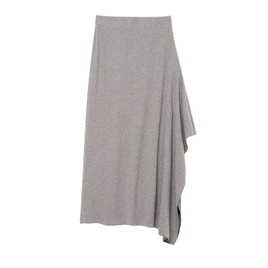 Women's Asymmetrical Midi Skirt made of Fine Knit with Draped Side Slit Mune Fashion