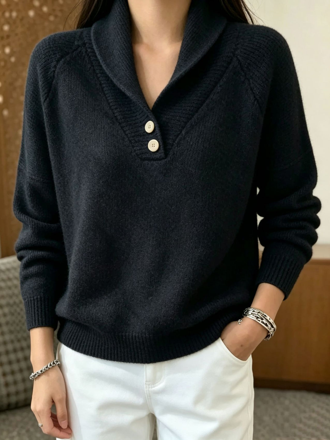 Women's Soft Shawl Collar Sweater with Half Button Placket and Raglan Sleeves Mune Fashion