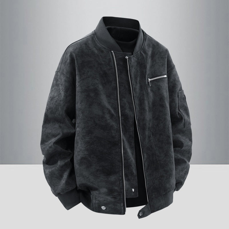 Men's Suede Look Bomber Jacket with Full Zip, Rib Collar and Utility Pockets Mune Fashion