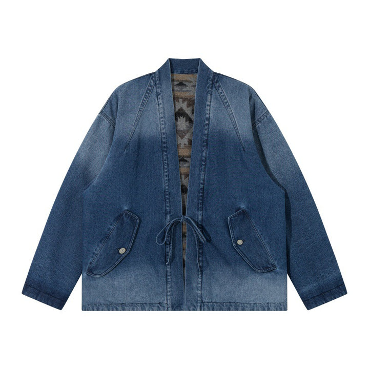 Unisex Jeans Kimono Jacket with Tie Belt and Patterned Lining Mune Fashion