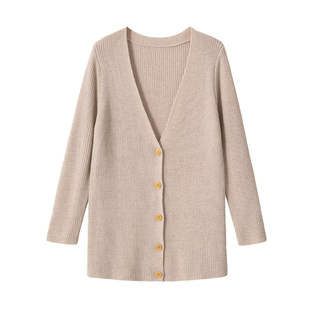 Women Longline Knit Cardigan with V-Neck and Wooden Buttons Drune