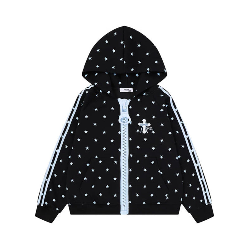 Women's hoodie sweatshirt with star all-over print, wide contrast zipper and side stripes Mune Fashion