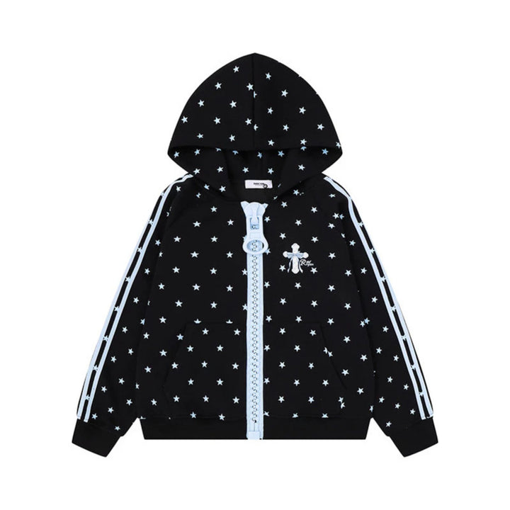 Women's hoodie sweatshirt with star all-over print, wide contrast zipper and side stripes Mune Fashion