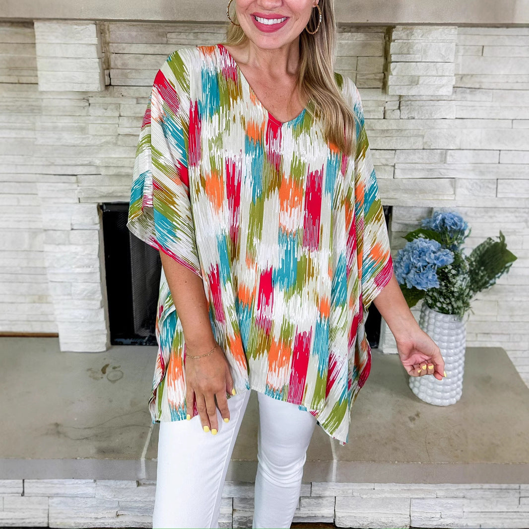 Women's Oversized V-Neck Tunic in Pleated Look with Abstract Ikat Print Mune Fashion