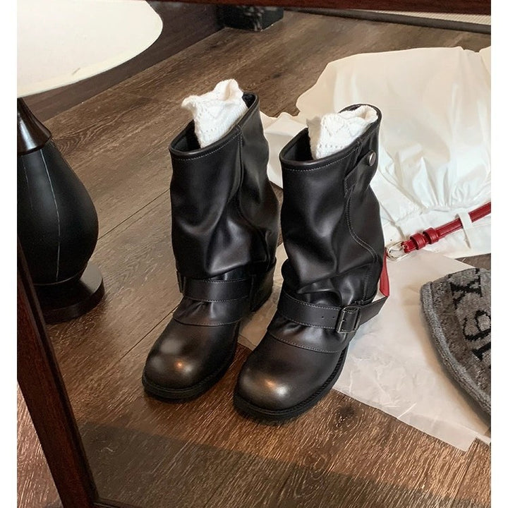 Women's Mid-Calf Biker Boots made of Smooth Leather with Adjustable Buckle Strap Mune Fashion