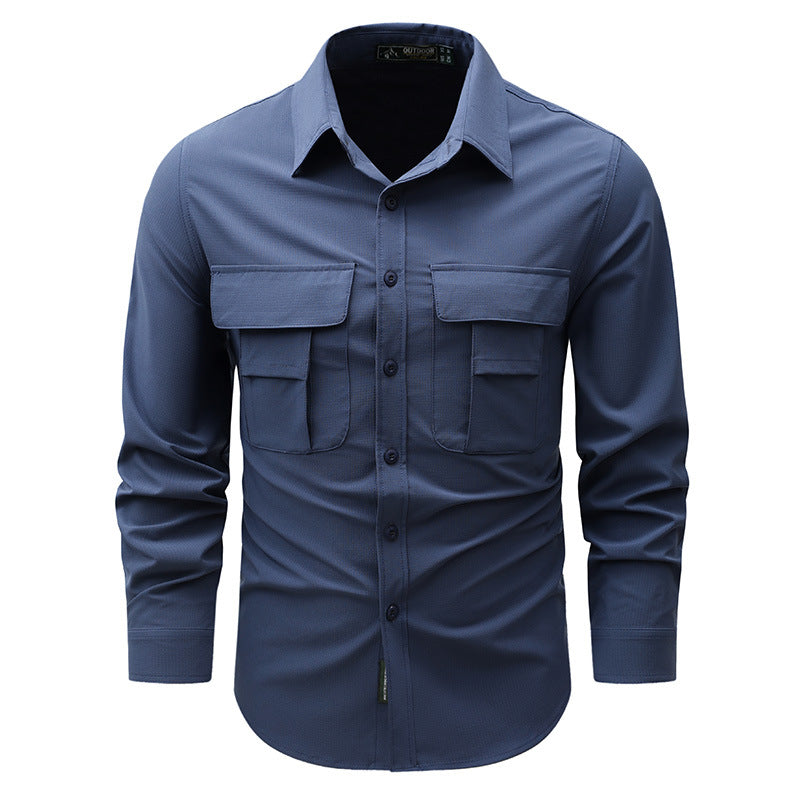 Men's lightweight travel utility shirt with double chest pockets, quick-drying ripstop fabric, and ergonomic cut.