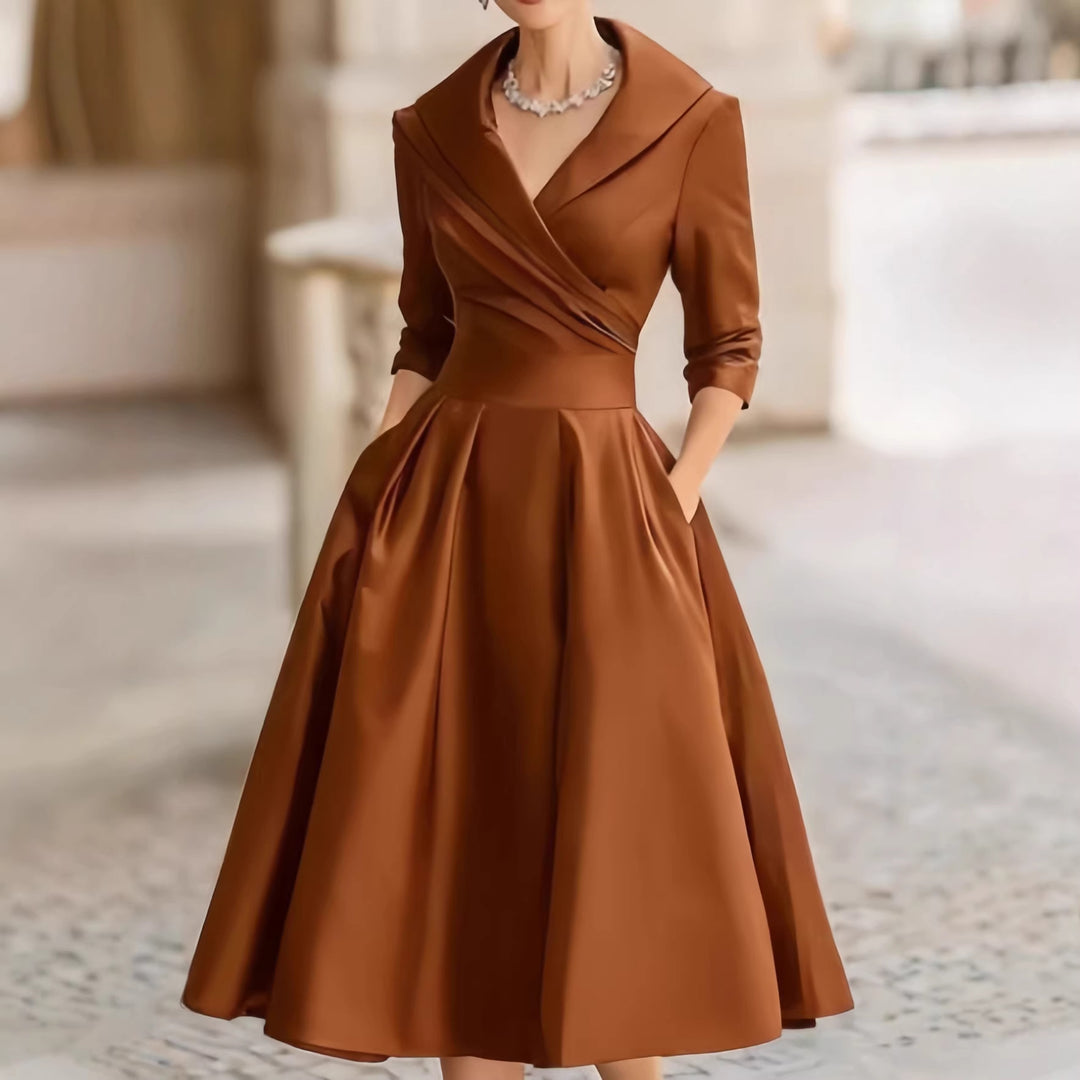 Women's Elegant Satin Midi Dress with Wrap Top, Mid-Length Sleeves and Side Pockets Mune Fashion