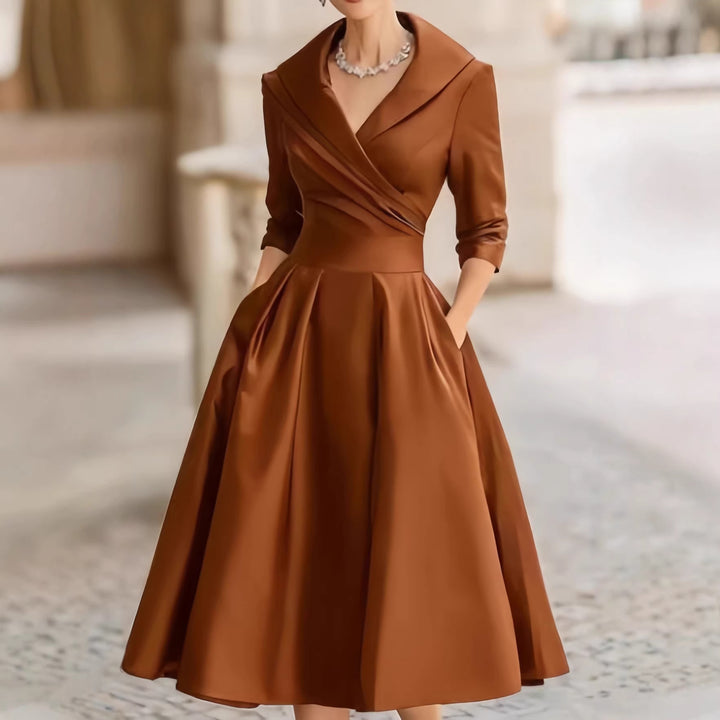 Women's Elegant Satin Midi Dress with Wrap Top, Mid-Length Sleeves and Side Pockets Mune Fashion