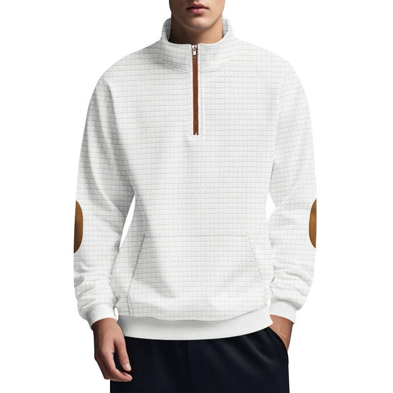 Men's quilted half-zip sweatshirt with stand-up collar, kangaroo pocket, and faux leather elbow patches Mune Fashion