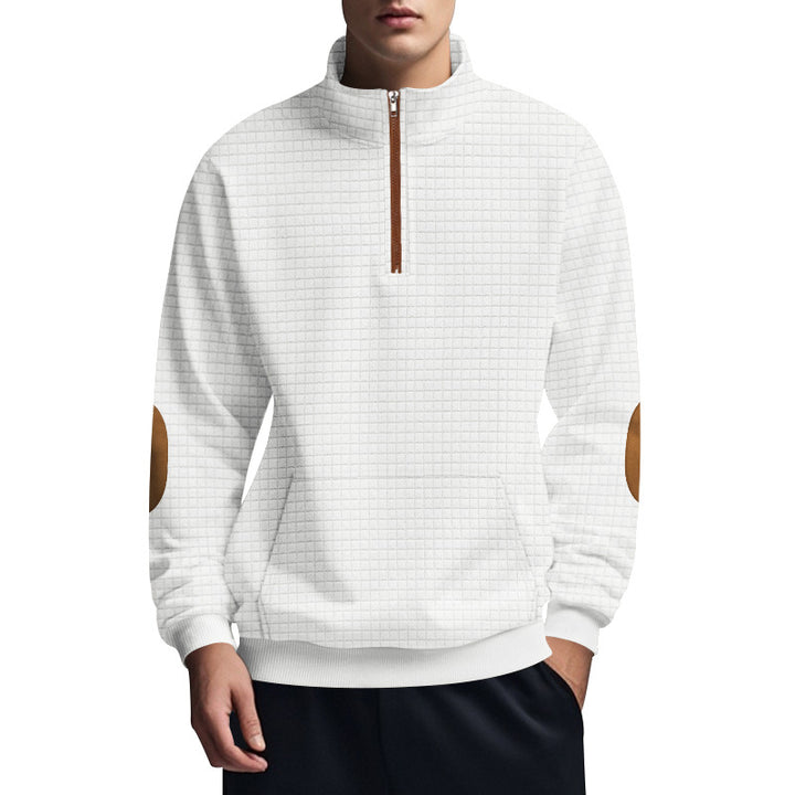 Men's quilted half-zip sweatshirt with stand-up collar, kangaroo pocket, and faux leather elbow patches Mune Fashion