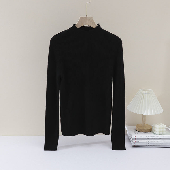 Women Fine Ribbed Stand Collar Sweater with Slim-Fit Silhouette Mune Fashion