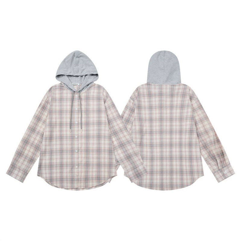 Women Checked Shirt Blouse with Jersey Hood and Button-Down Front